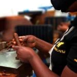 Cigar roller rolling a Bongani 658 Toro handmade cigar